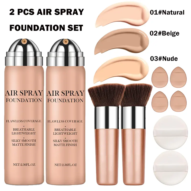 QIUFSSE 2Pcs Liquid Airbrush Cosmetic Foundation - Lightweight, Longwear, Waterproof, Buildable Matte Coverage, 01#Natural+01#Natural, 01#Warm Porcelain (Natural)+03#Nude, Skin-Friendly for Mature Skin, Smooth Radiant Finish