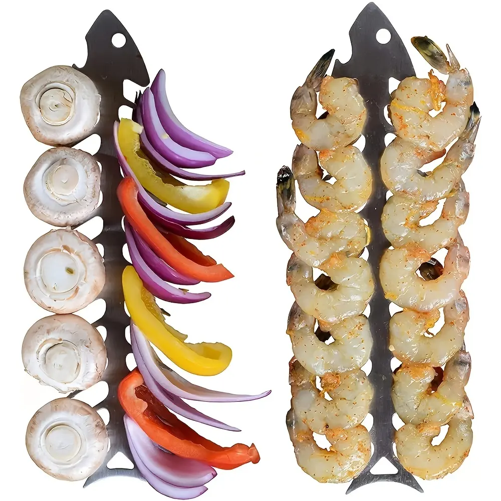2/4pcs Stainless Steel BBQ Skewers - Fish Bone Shaped Grill Skewers for Beef, Chicken, Vegetables & Shrimp, Durable Metal Barbecue Accessories for Grilling, BBQ Accessories, Kitchen Utensils, Sleek Metallic Finish, Highquality Metal