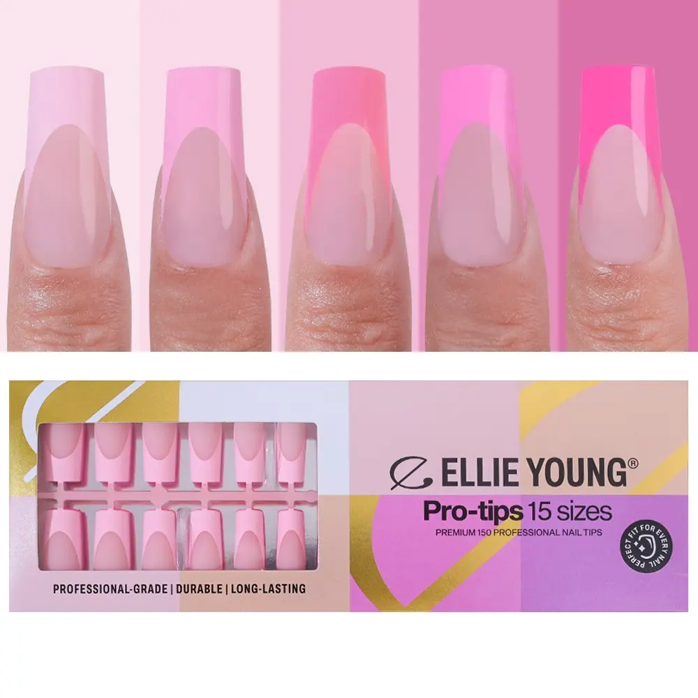 ELLIE YOUNG PRO-TIPS Long Square Pink Pastel French Tips, 150pc Press-On Nails Kit – 15 Sizes, Matte Gel Acrylic Look, Soft Gel DIY Nail Art Extensions