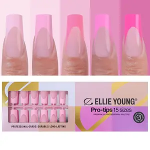ELLIE YOUNG PRO-TIPS Long Square Pink Pastel French Tips, 150pc Press-On Nails Kit – 15 Sizes, Matte Gel Acrylic Look, Soft Gel DIY Nail Art Extensions