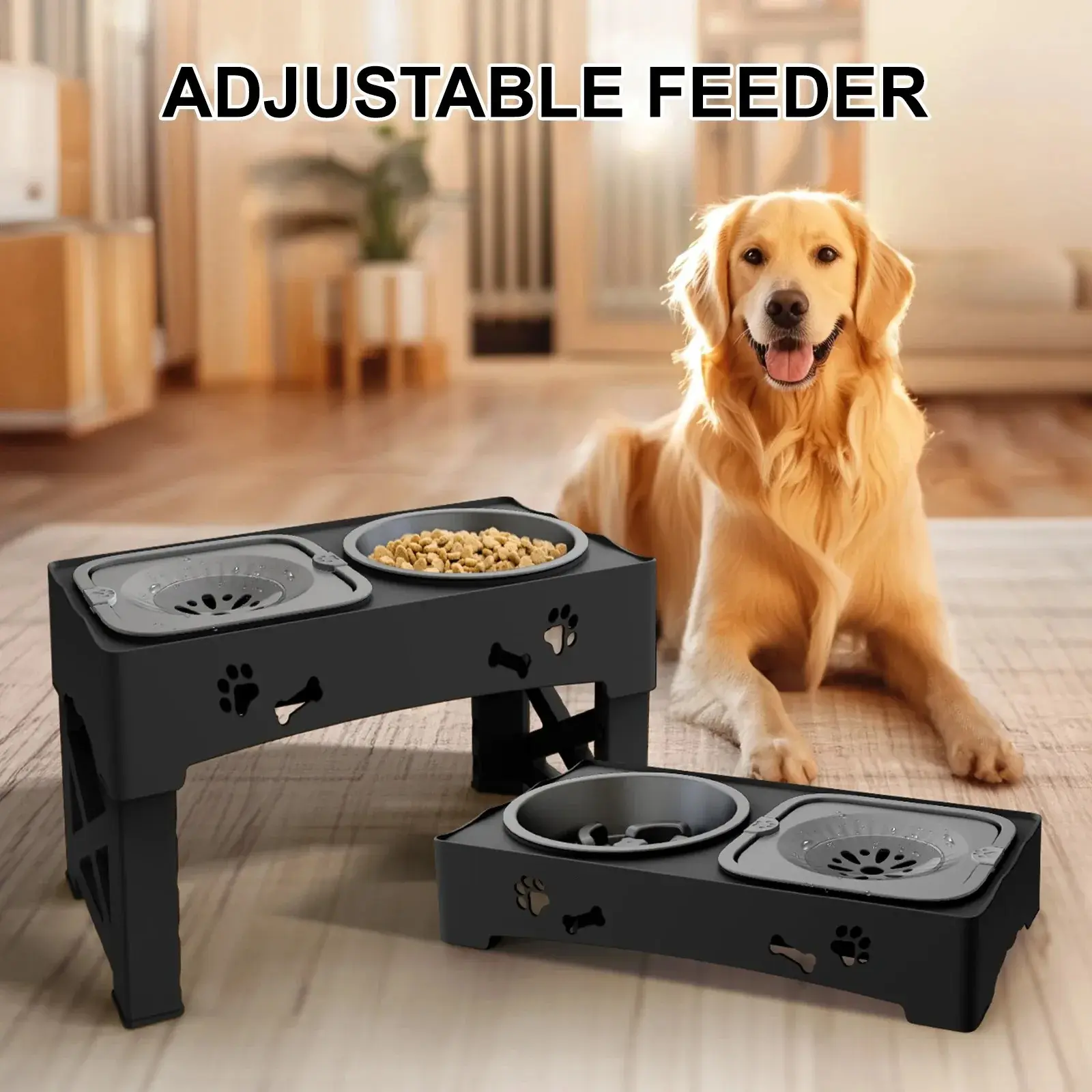 Adjustable Height 3-in-1 Pet Feeder with Slow Feeding Bowl & Double Folding Bowl