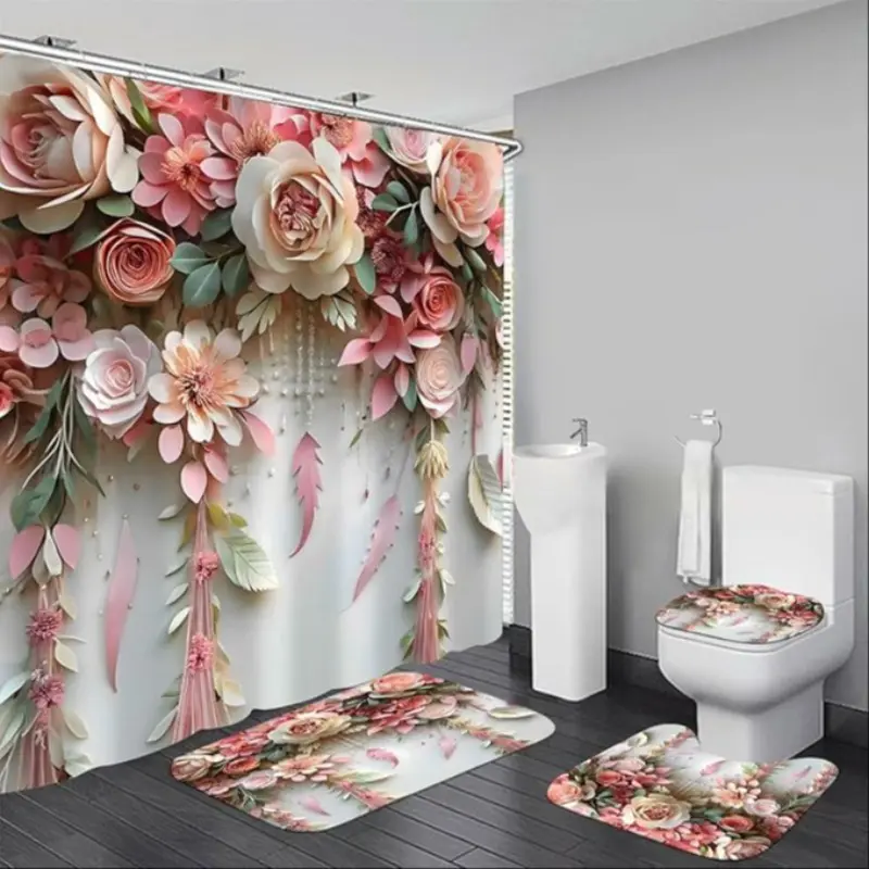 1pc/4pcs romantic and lovely green plant flower design bathroom decoration set, non-slip floor mat, U-shaped carpet, toilet lid cover, perfect for bathroom decoration, partition, beautify the space, Bathroom Decoration Accessories, Bathroom Accessory