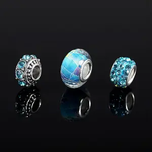 80 Pcs Assorted European Large Hole Beads, Spacer Glass Beads Rhinestone Metal Macrame Charms Supplies for DIY Crafts Bracelets Necklaces Jewelry Making(Blue)