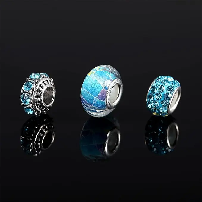 80 Pcs Assorted European Large Hole Beads, Spacer Glass Beads Rhinestone Metal Macrame Charms Supplies for DIY Crafts Bracelets Necklaces Jewelry Making(Blue)