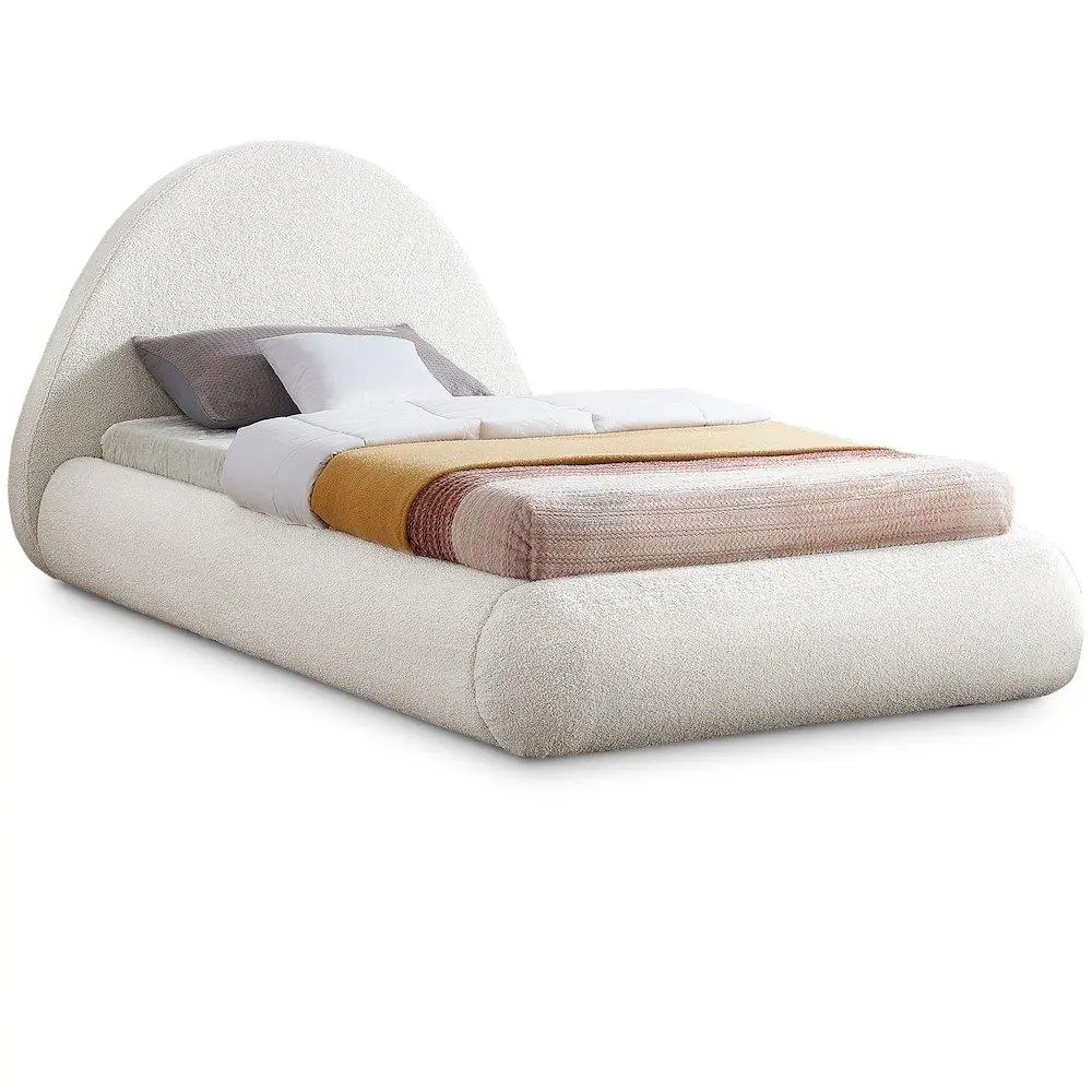 Contemporary Rectangular Rudy Cream Teddy Fabric Twin Bed, Indoor Furniture Bed