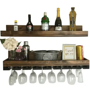 Wood Wine Rack | The Ryan | Wall Mounted Shelf & Hanging Stemware Glass Holder Organizer Bar Shelf Unique Rustic Bar Shelves