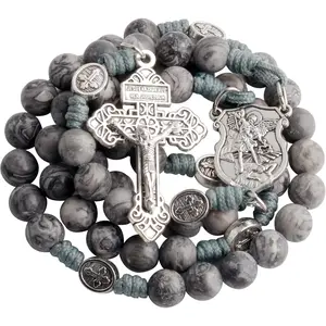 10mm  Stone Beads  Saint Michael Paracord Rosary Necklace with Religious Pouch