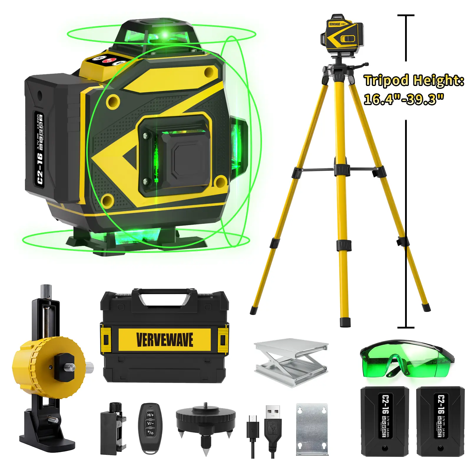 VERVEWAVE 16-Line Green Laser Level with 39.3" Tall Tripod, 4x360° Self-Leveling, 2x2400mAh Type-C Rechargeable Batteries, Cross Line Laser Tool for Tile & Home Renovation, Cool Gifts for Dad Men Husband