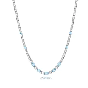 FANCIME "Glamour Radiance" March Birthstone Fancy Cut Aquamarine Sterling Silver Tennis Necklace