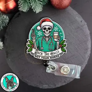 NataliaMade Funny Christmas Retractable Badge Reel- Deck The Halls Not Your Nurse ID Badge Holder for Nurses, Dark Humor Unhinged Holiday Name Badges for Nursing Staff. Makes A Great Gift!