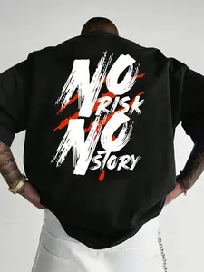 Men's Urban Oversized Graphic T-Shirt No Risk No Story Slogan Print Heavyweight Cotton Tee Streetwear Aesthetic for Skater Casual Daily Wear
