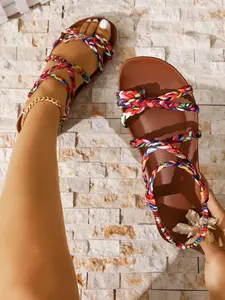 Women's Floral Wedge Sandals, Criss Cross Design, Elastic Anti-Slip Sole, Perfect for Summer Beach Travel, Casual Outdoor Sandals, Casual Footwear
