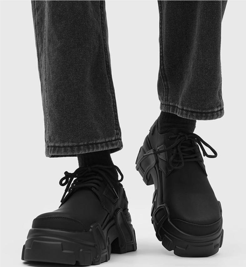Chunky Derby Shoes Men's All-Black｜Mecha Design Matte Leather Dark Streetwear Outfits