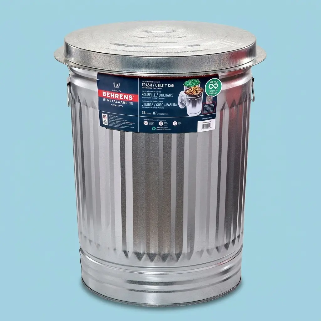 Behrens 31 Gallon Galvanized Steel Trash Can With Lid Heavy Duty Rodent Proof Garbage Can For Outdoor Yard Waste Storage