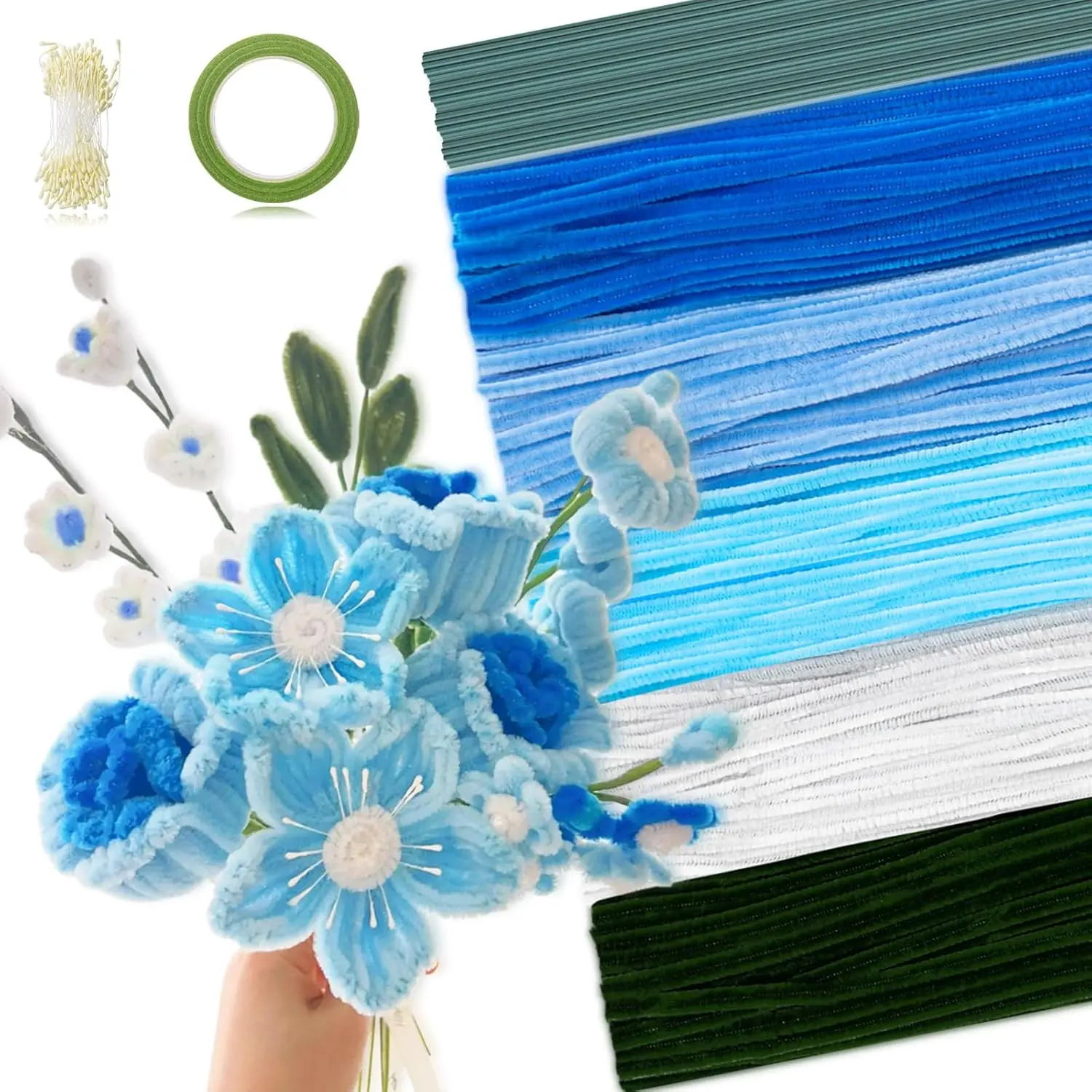 371 Pipe Cleaners  Set, Mixed Colors Chenille Stems Bulk with Floral Wires, Gardening Tape, Stamen for DIY Flower Making Kit, Idea  for Thanksgiving Christmas(Blue & Green)