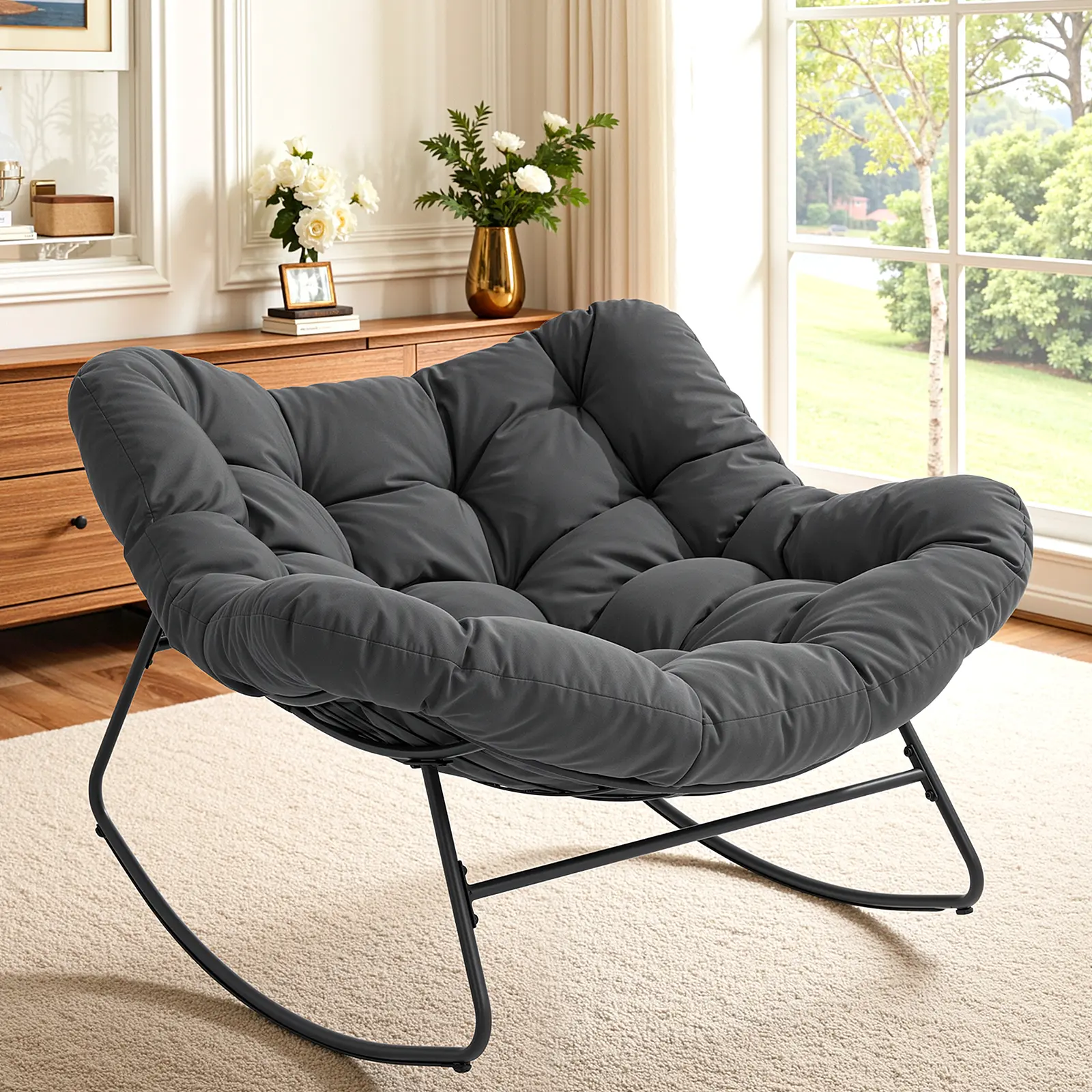 Papasan Rocking Chair Outdoor/ Indoor, Oversized Rocking Chair with Thickened Cushion, 450 lbs Large Comfy Egg Chair Indoor,Cozy Lounge Reading Glider Chair for Bedroom, Blue,dorm essentials,home decor