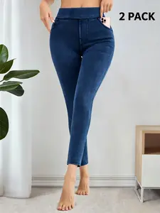 Women's 2Pcs High-Waisted Comfortable Yoga Bottoms - Washed Denim Style Tummy Control Lady Trouser, Non-Denim Fabric Pants for Women Suitable for Fitness, Casual Wear