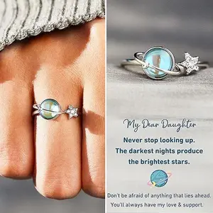 To My Daughter Gift Star & Moon RotatableRing for Stress Relief Fidget Ring Inspirational Trauma Ring for Anxiety Relief With Free Gift Card