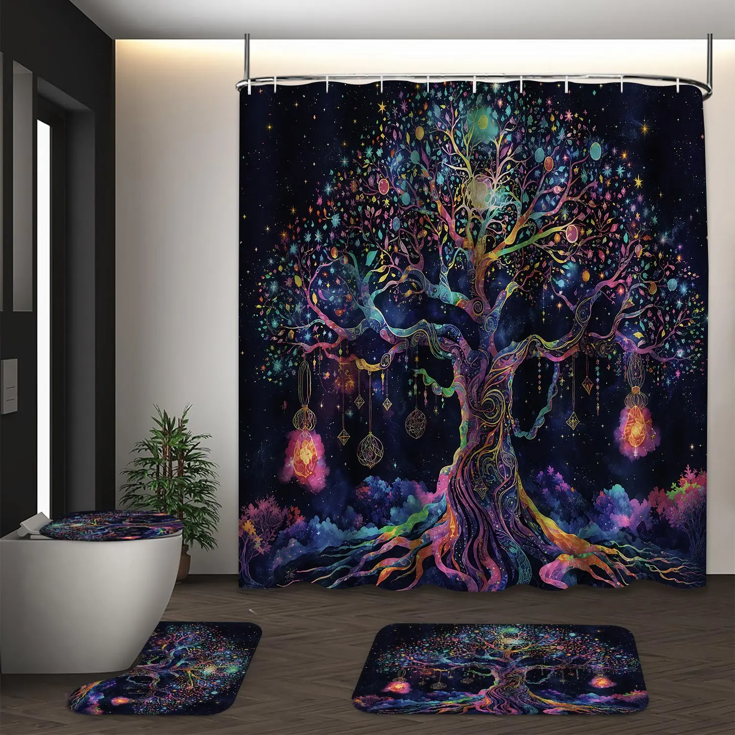 LVRLVR 4Pcs Magical Tree of Life & Starry Night Print Boho Celestial Multi-Color Decorative Shower Curtain Set 70.8×70.8 Inch Bathroom Curtain Bathroom Shower Curtain Sets