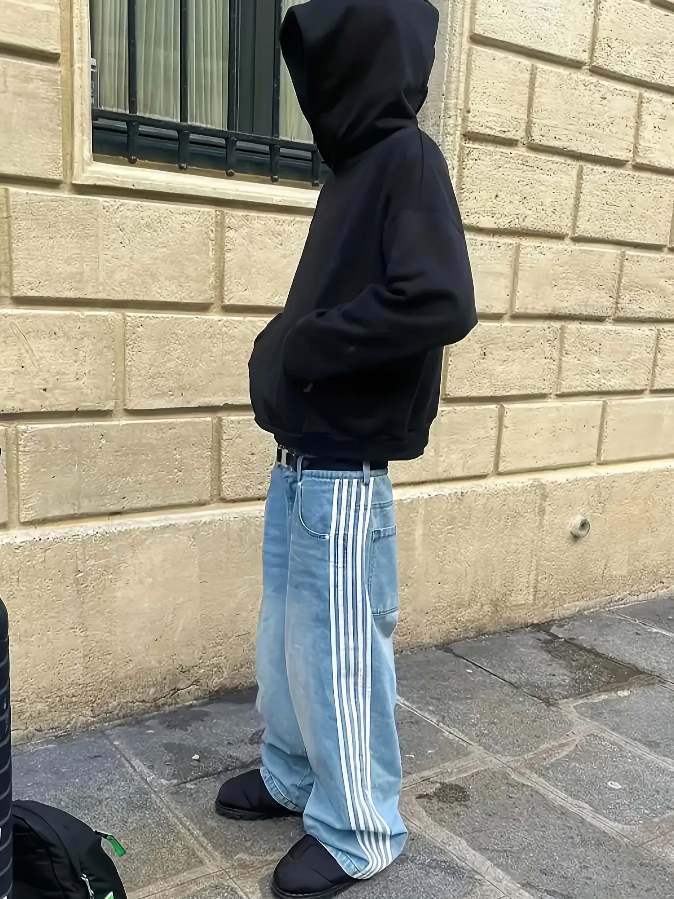 Y2K Trendy Vintage Hip-Hop Men's Jeans, Side Striped Five-Bar Design, Street Retro Denim Jeans, Loose Fit Casual Wear