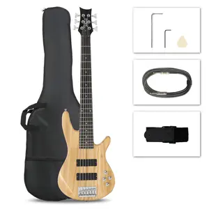 Full Size GIB 6 String H-H Pickup Electric Bass Guitar Bag Strap Pick Connector Wrench Tool Burlywood,summervibes