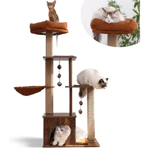 Tree, 4 in 1 Large Modern Cats Tower with Jute   and Hammock,   Condo with silvervine Balls, Brown  Climber Stand Playhouse for Indoor Cats, Retro Style