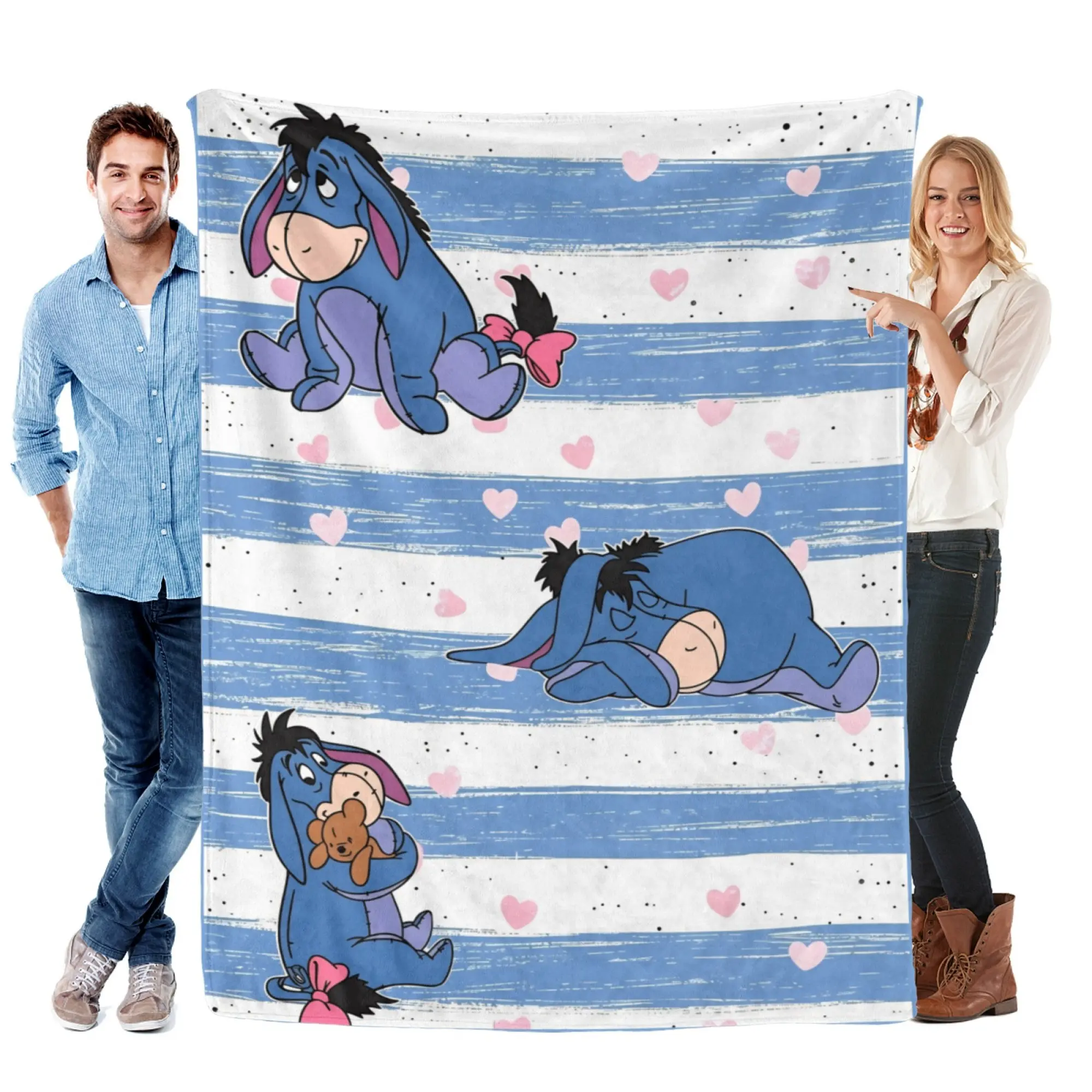 [SummerVibes] DISNEY CLASSIC Eeyore Flannel Blanket, Soft 2D Cartoon Print Striped Throw for Kids Bedroom, Couch & Office Nap