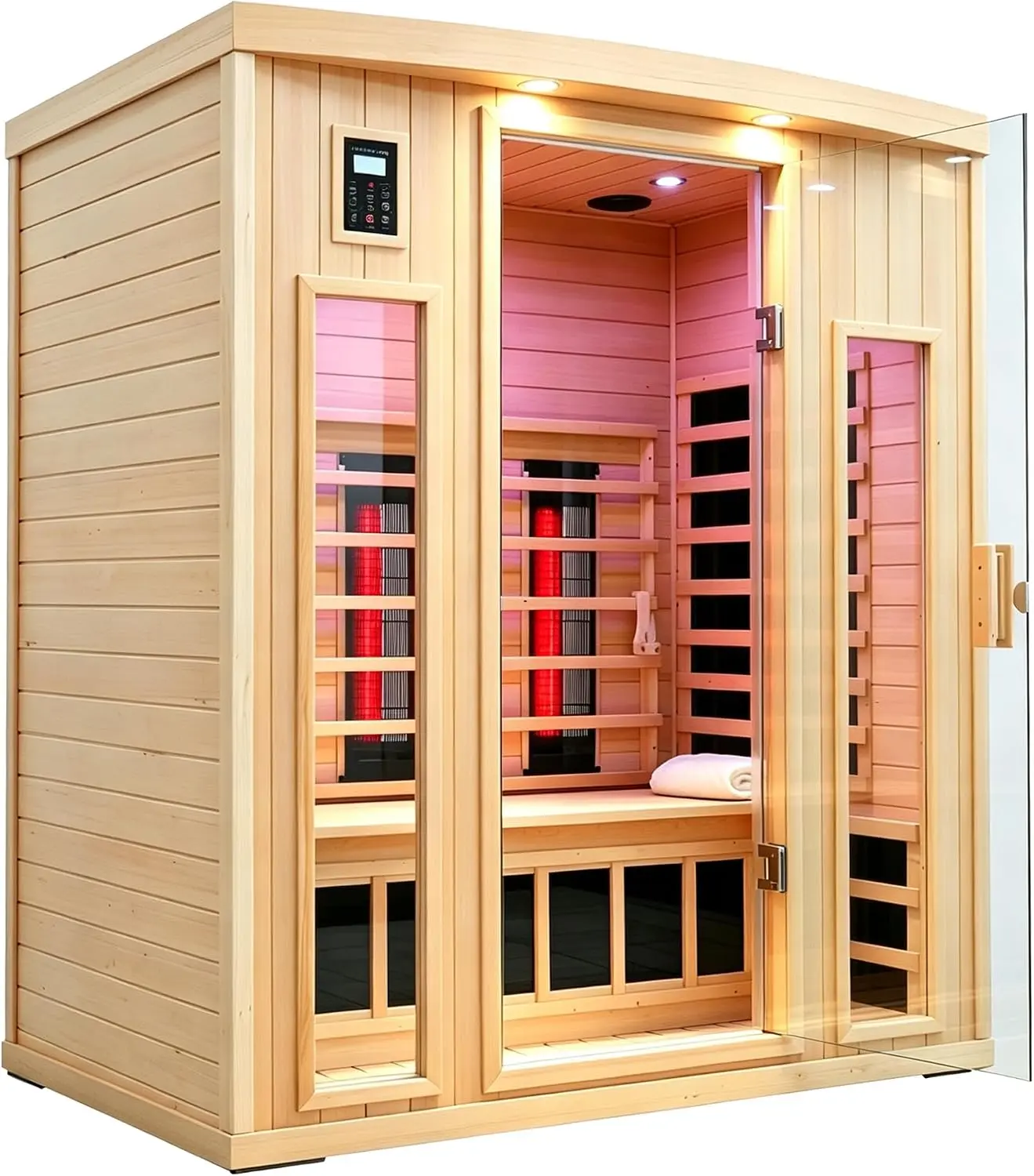 Ceramic Infrared Sauna 3 Person Indoor Infrared Saunas for Home | Hemlock Wood Sauna Room, 2- in - 1 Low EMF Infrared Heating Panels + Ceramic Heating Cubes-Chromotherapy-Bluetooth Speaker