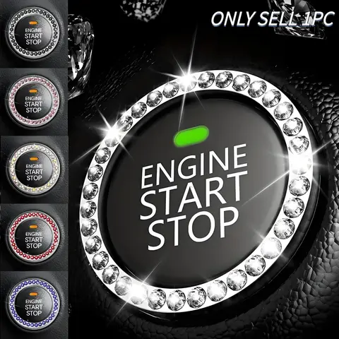 Shiny Car Interior Decor, Women's Car Accessories, Bling Car Accessories, Automotive Decorative Accessories, Engine Start-Stop Button Cover, Key Ignition Knob Ring, Car Interior Kit, Car Parts, Car Decor Gift