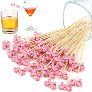 200 Pink Bow Toothpicks 4.72 Inch Bamboo Fruit Cocktail Picks Swizzle Stick Toothpicks Bow Cupcake Toppers for Appetizers Drinks Birthday Bridal Wedding Baby Shower Party Decor