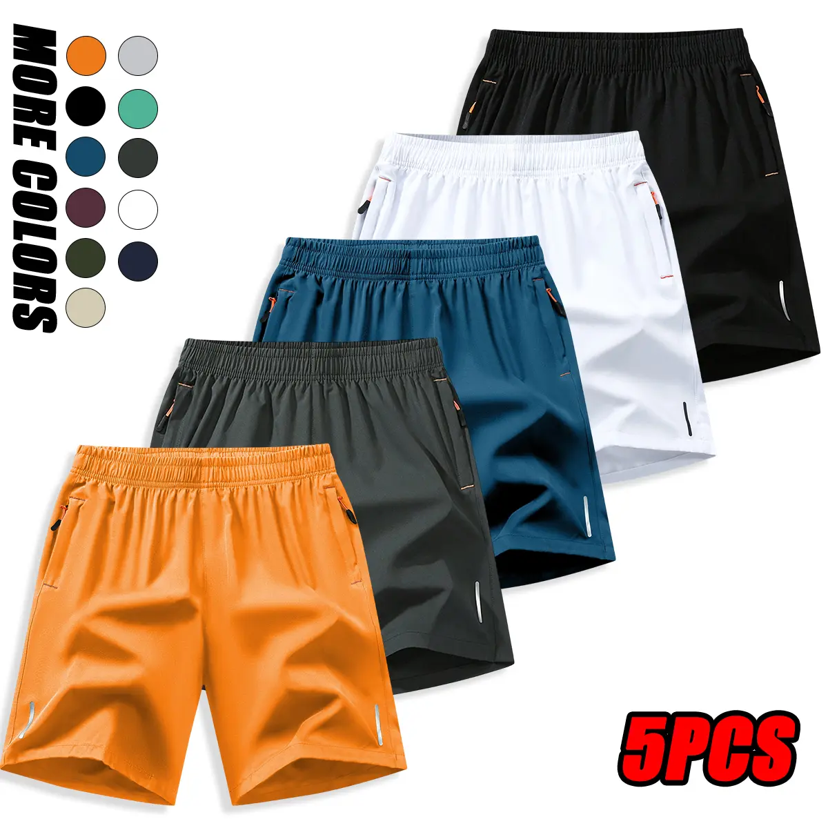 Men's 5-Pack Athletic Shorts, Solid Cool-Touch Breathable Lightweight Performance Fabric, Drawstring Waist, Zipper Pockets, for Basketball & Outdoor Sports, Athleisure Casual Shorts, Lightweight Performance Shorts