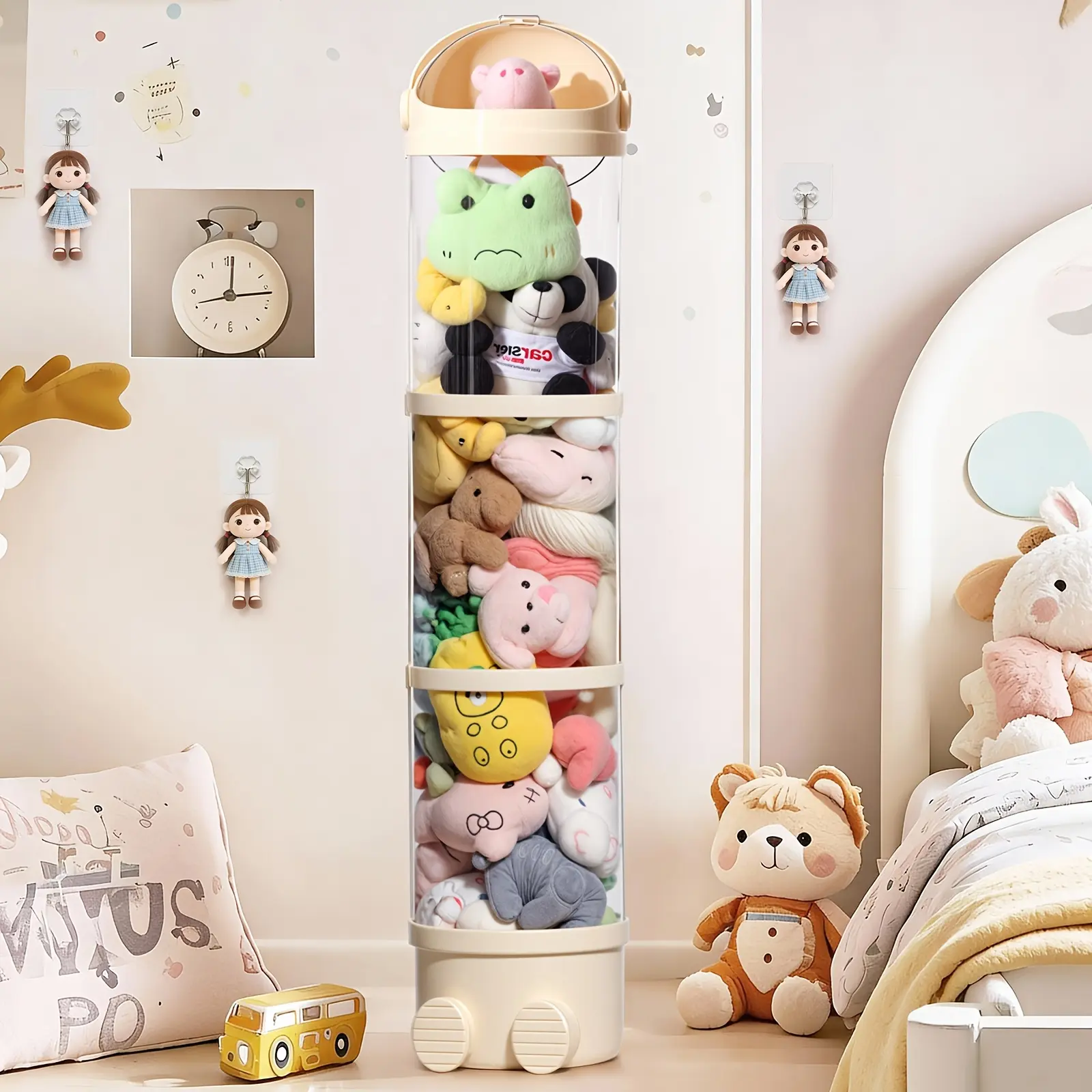 Plastic Doll Storage Box with Lid, Multi-Functional Organizer Bin with Layered Compartments, Easy to Move Stuffed Animal Storage Tube for Plush Toys Dolls and Miscellaneous Items, Ideal Halloween Christmas Gift for Kids