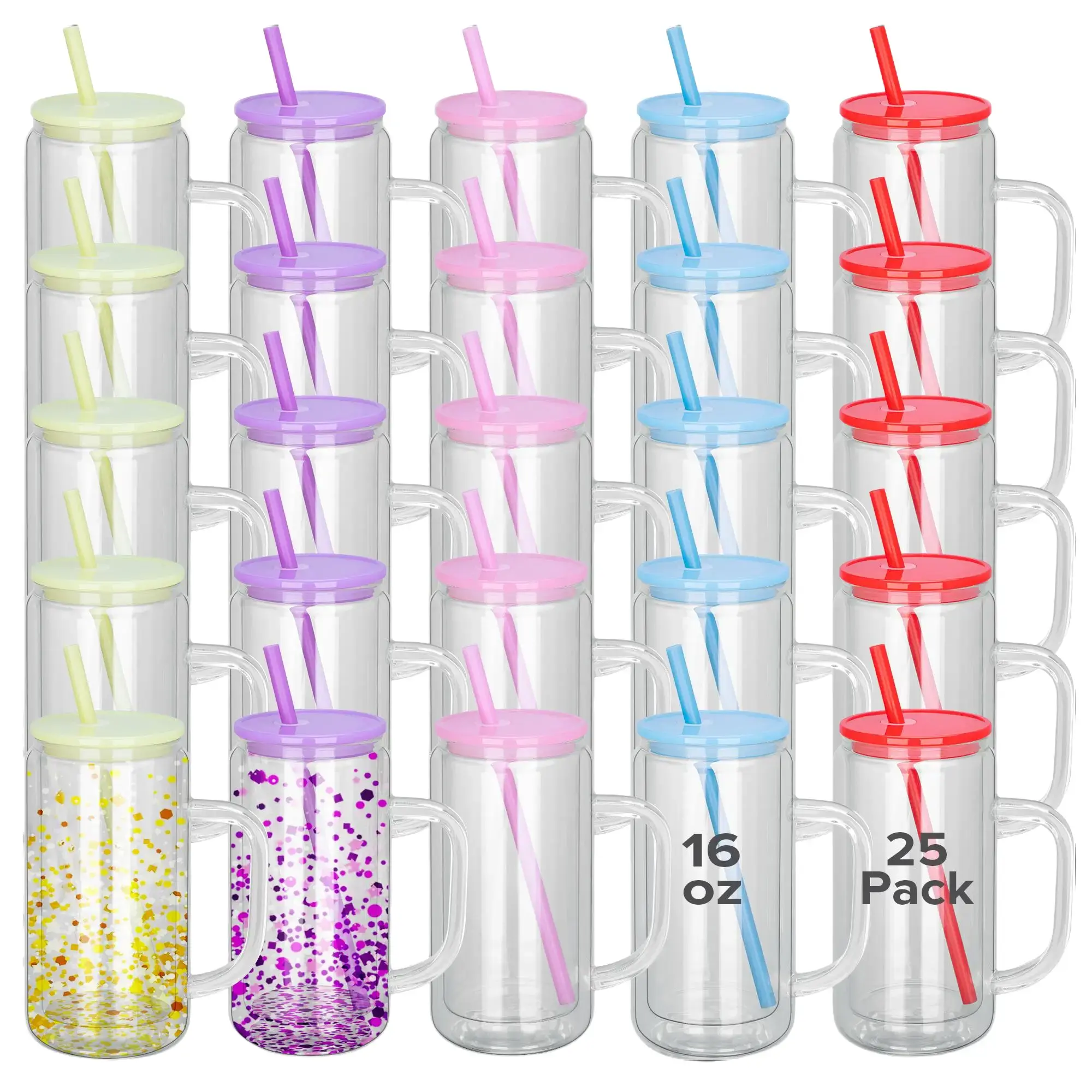 FASTSUB 16 oz Reusable Double-Wall Snow Globe Glass Tumbler with Handle, Plastic Lid & Straw - 25-Pack Cup with Lid Water Bottles for UV DTF DIY Projects