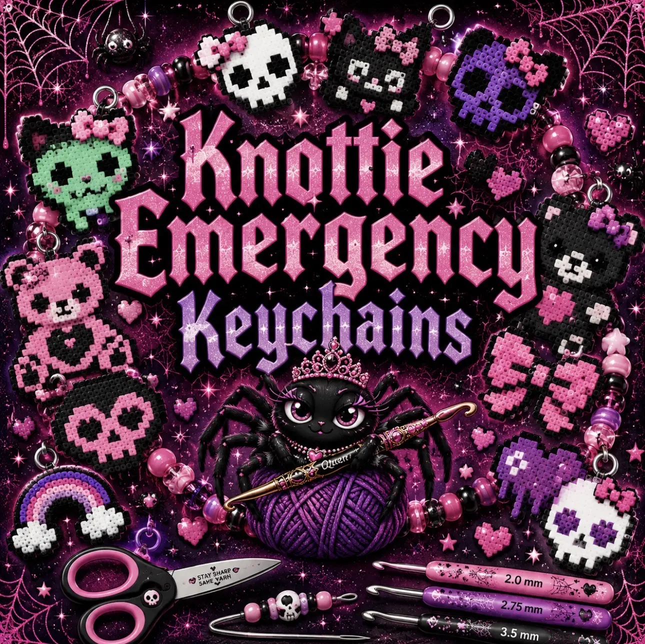 Knottie Emergency Keychains - Customize Crochet Keychain: Crochet Hooks, Scissors, Darning Needle with Pixel Design for On-the-Go Crafting
