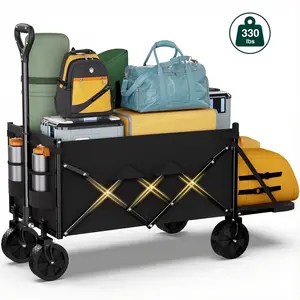 330lbs Collapsible Wagon with Extended Tailgate,All‑Terrain Wheels & Drink Holders for Garden Camping Beach, Black