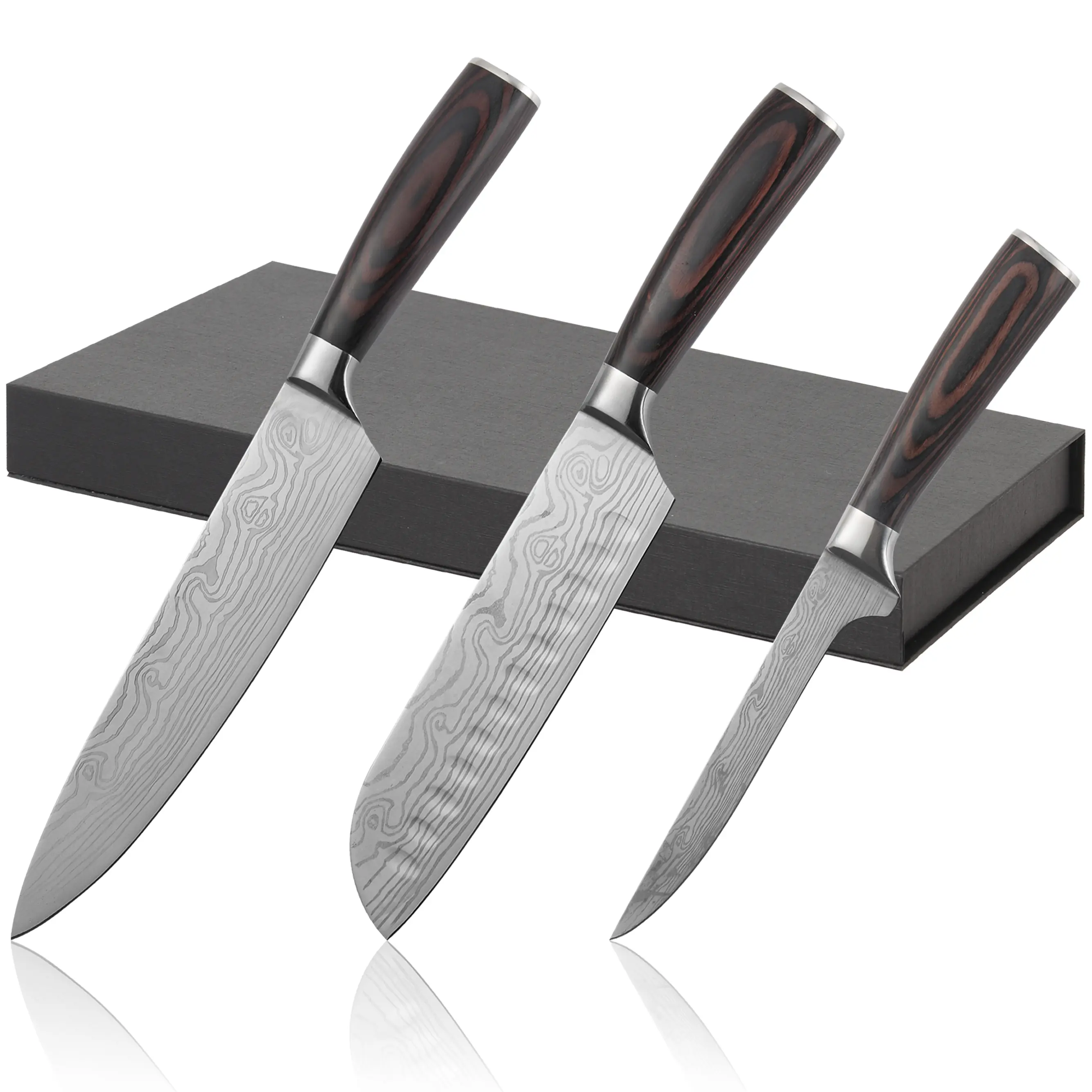 3-Piece Professional Damascus Pattern Kitchen  Set - Ultra Sharp Stainless Steel Chef , Santoku & Utility  with Ergonomic Wood Handle, High Carbon Cutlery Gift Set for , Women, Cooking Enthusiasts knives men