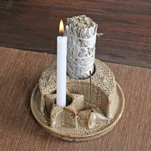 4-in-1 Ceramic Candle & Incense Holder, 1 Count Star & Moon Design Incense Holder, Home Fragrance Holder for Sage Palo Santo Stick Incense, Aroma Scented Floral, Decor