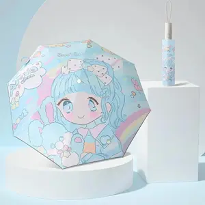 Automatic Umbrella Cartoon Rainbow Sky Girl Cute Umbrella, Portable UV Protection and Rainproof with Reflective Strip