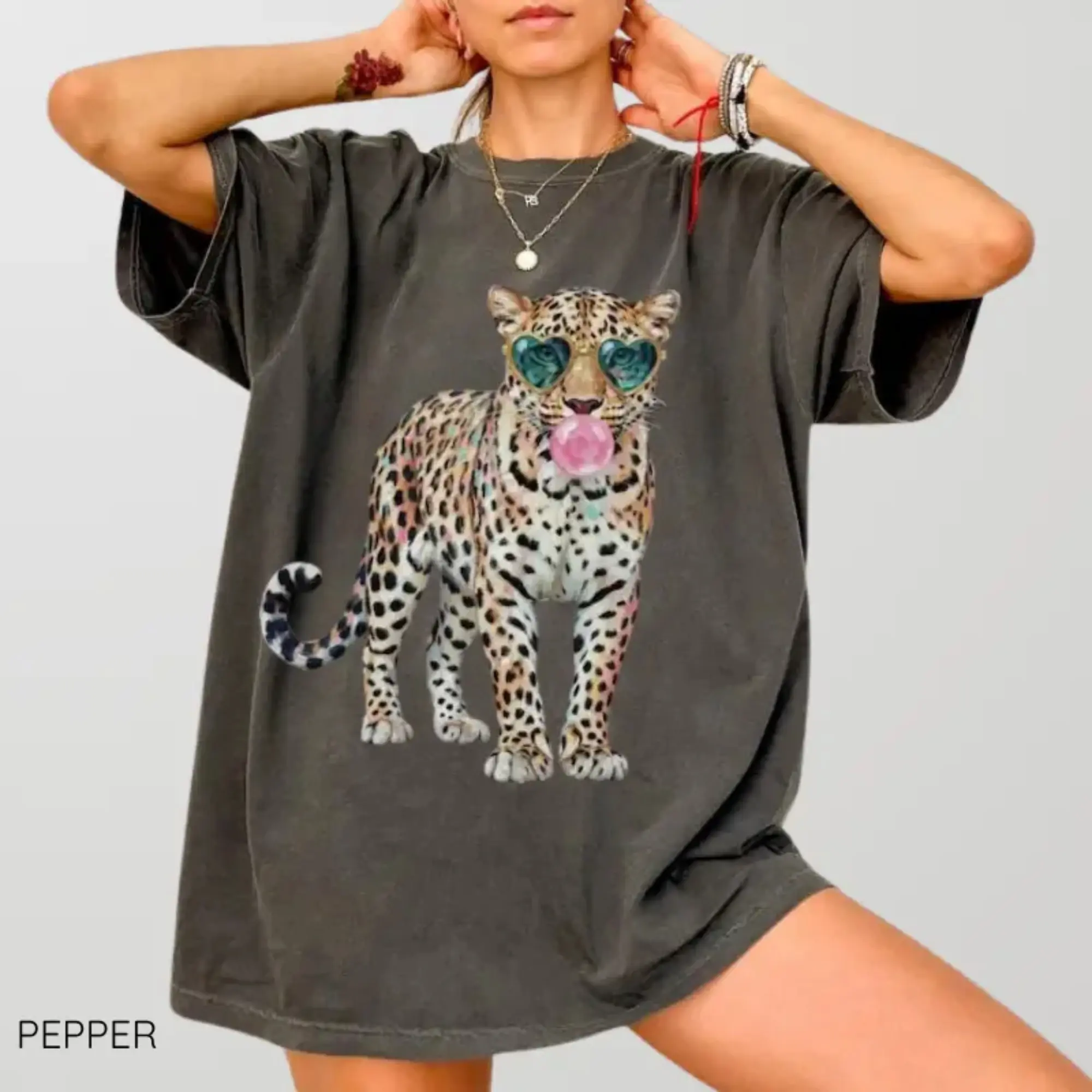 Bubble Gum Leopard T-Shirt, Colorful Wild Cat Graphic Tee, Heart Sunglasses Animal Shirt, Vintage Oversized Top, Gift for Women