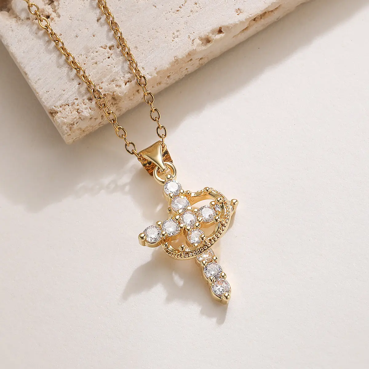 Rotating Crown Cross Necklace for Women: Versatile, Lightly Luxurious Collarbone Necklace in Copper with Micro-Set Zirconia