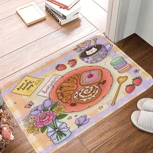 Whimsical Breakfast Table Rug| Cute Coffee Pastry Floral Kitchen Carpet