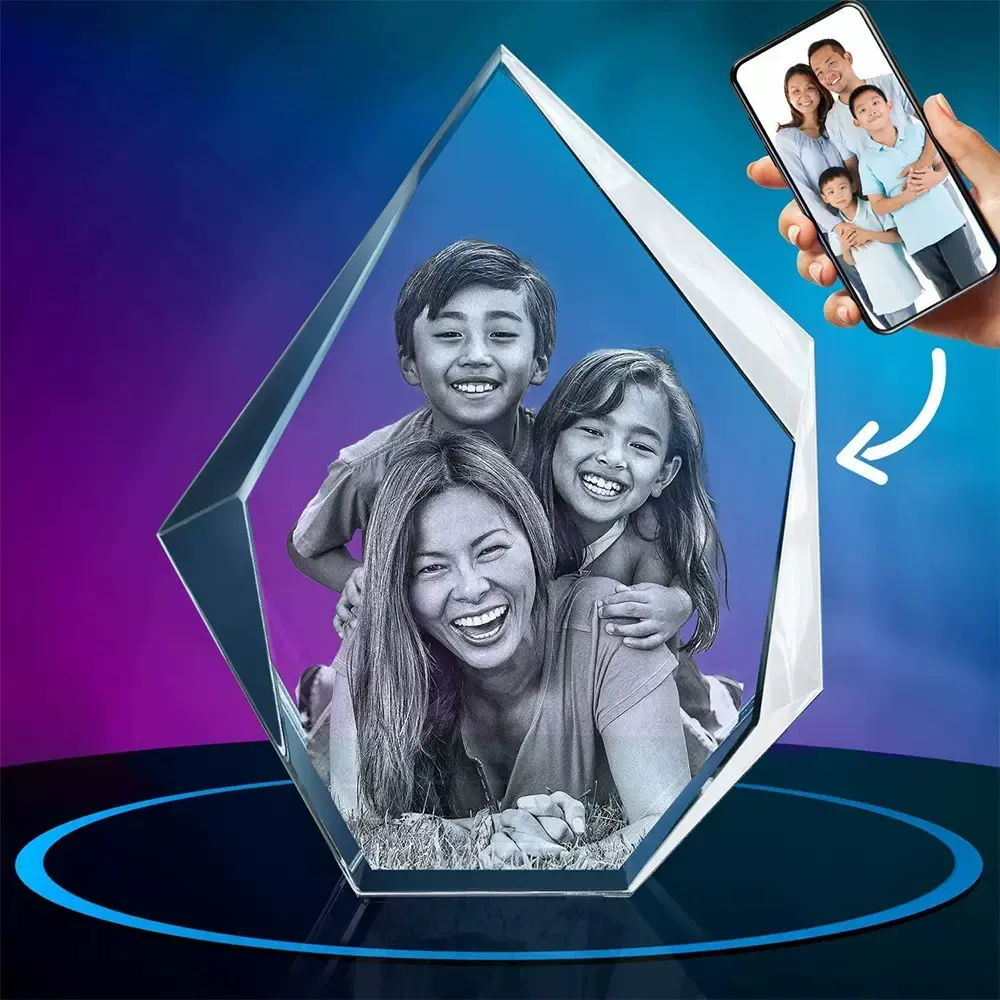 Personalized 3D Laser‑Engraved K‑9 Crystal Ornament, Custom Your Family Photo Inside Crystal, Memorial Keepsake Gift with Optional LED Light Base