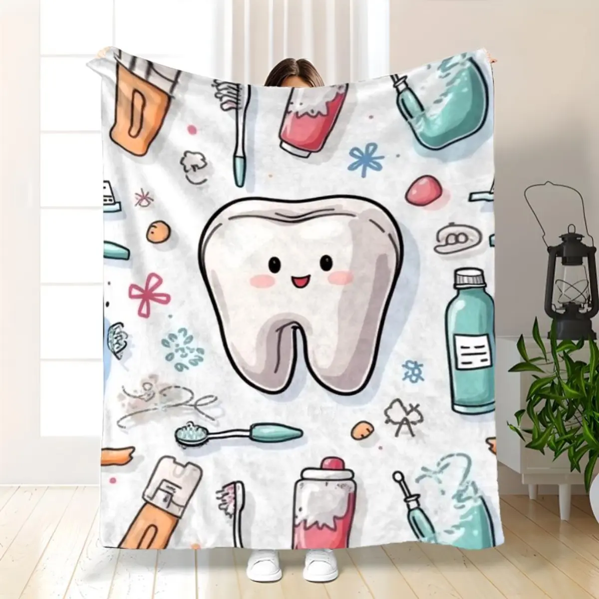 1pc Dental-Themed Throw Blanket | Ultra-Soft Flannel All-Season Cozy Blanket with Teeth, Toothbrushes, Dental Tools - Pastel Pink, Red - Christmas, Birthday, Dental Office Decor - Reusable Gift for Dentists, Patients, Dental Students - ZZTM 11