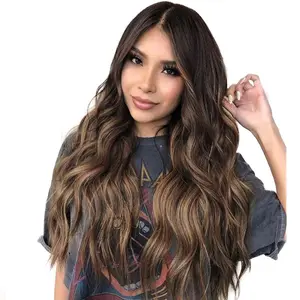 SummerVibes AISI HAIR 26inch Long Ombre Brown Wavy Wigs for Women Brown Curly Wig Middle Part Hair Replacement Wigs Synthetic Heat Resistant Fibers for Daily Use