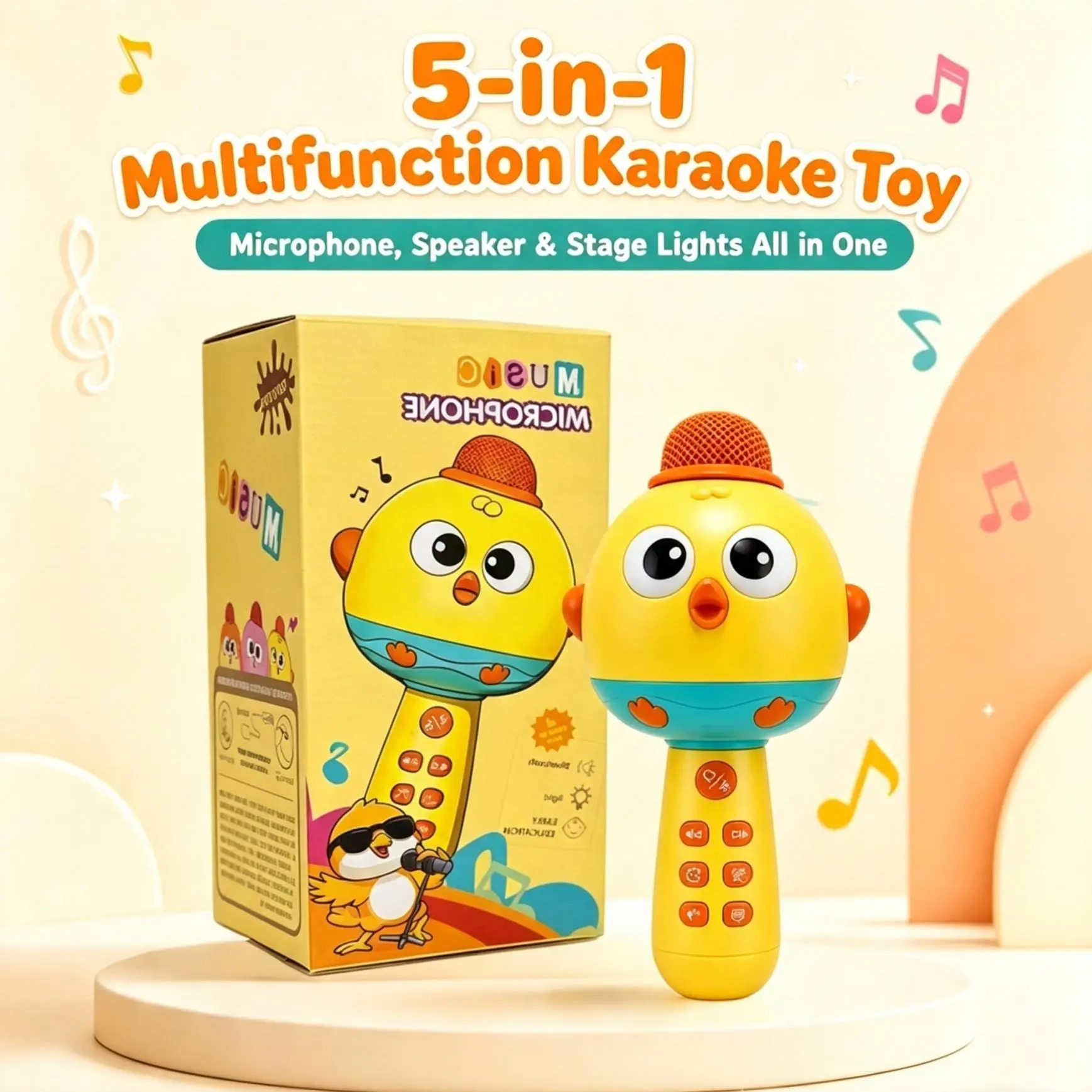 5-in-1 Kids Wireless Bluetooth Karaoke Microphone, Cute Chicks Cartoon Design with Built-in Speaker, LED Light, Voice Changer, Rechargeable ABS Toy, Entertaining Sound Effects, Ideal Birthday Gift for Boys & Girls
