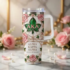 Alpha Kappa Alpha Tumbler With Handle, Alpha Kappa Alpha AKA Sorority Luxury Mug, Pink And Green Stainless Steel Cup, Elegant Sisterhood Gift, Floral Design Drinkware
