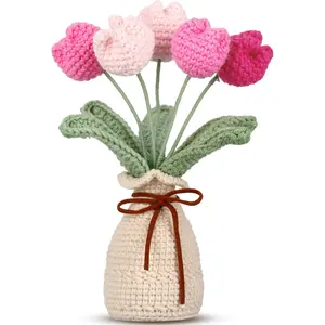 Crochet Knitting Tulip Bouquets with Vase 7 Inch Knitted Artificial Forever Tulip Hand Woven Flower with Exquisite Pot for Women Birthday Gifts Family Home Office Decor(Pink)