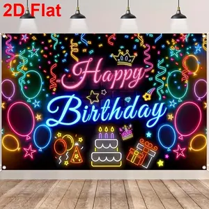 1pc Polyester 2D Flat Backdrop Banner, Colorful Fluorescent Balloons Design, Happy Birthday Party Theme Decor, Photo Prop for Atmosphere Enhancement, Banners
