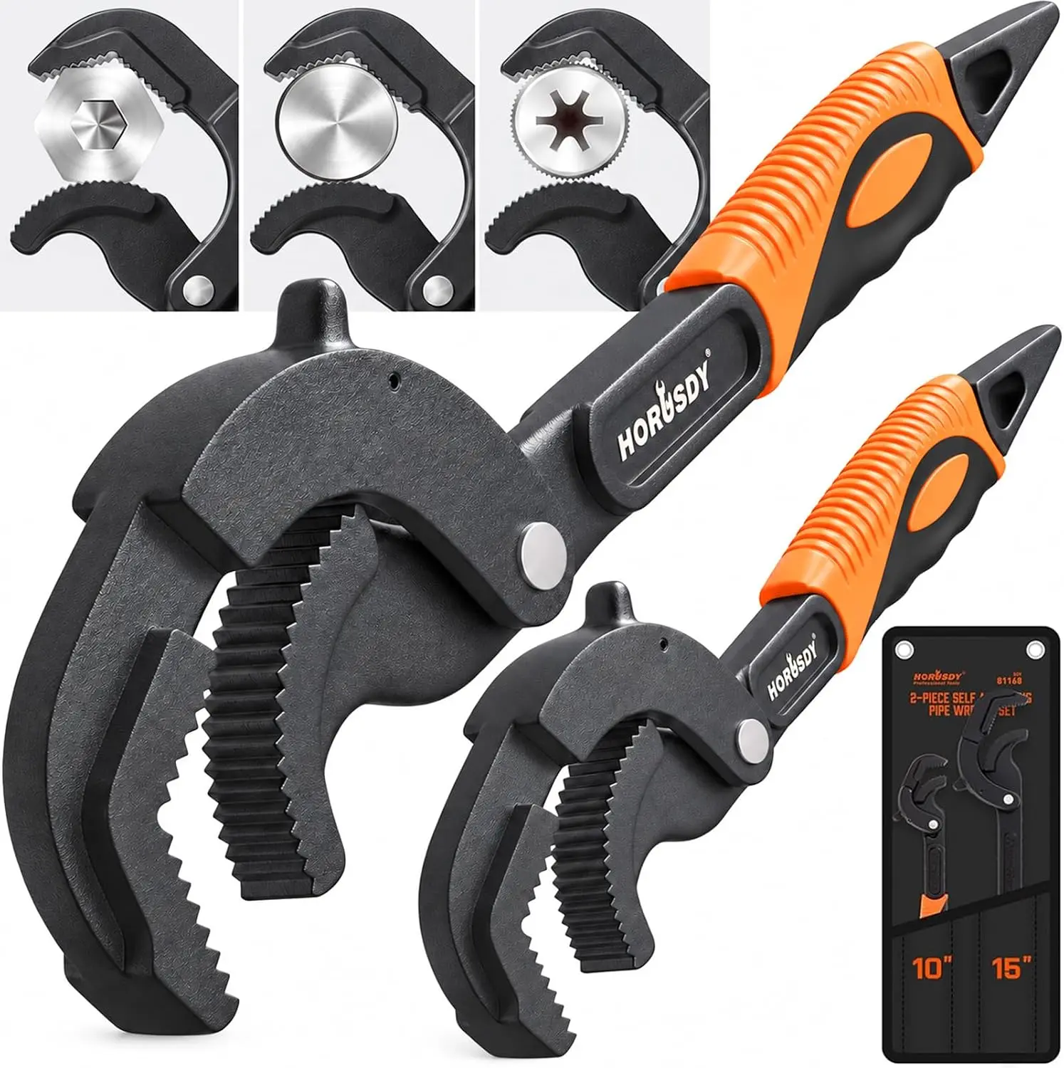 HORUSDY Heavy Duty Pipe Wrench Set, 10” and 15” Self-Adjusting Pipe Wrenches for Plumbing and HVAC, 2-Piece Pipe Vise Tool Kit for Standard and Irregular Nuts, Pipes, Fixtures – Pipe Wrench Set