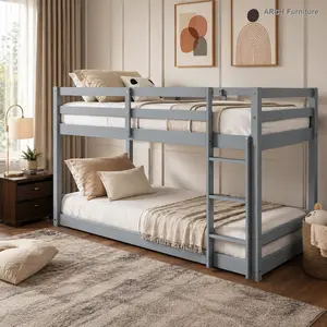 ARCH Solid Wooden , Solid Rubber Wooden Twin over Twin Floor Bunk Bed with Ladder ,Upper and Bottom Bed Platforms crafted with Strengthened Slats ,Grey